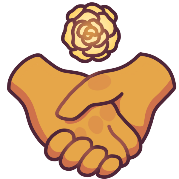 two clasped hands with a yellow rose above them.